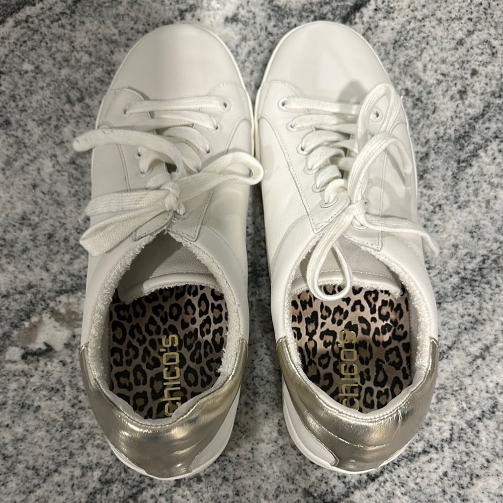Chico's White Sneakers with Metallic Gold Accents
